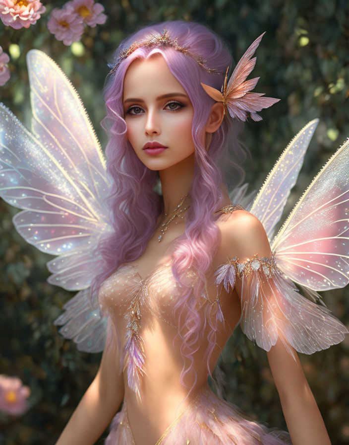 Fantasy illustration of female fairy with translucent wings and purple hair in delicate attire against floral backdrop