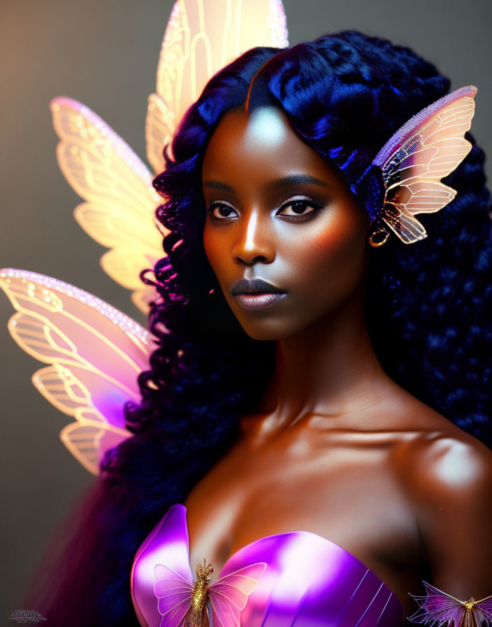 Portrait of woman with blue and purple butterfly wings and dramatic makeup