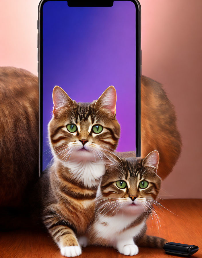 Large Smartphone Displaying Cat Image Beside Live Cat on Colorful Background