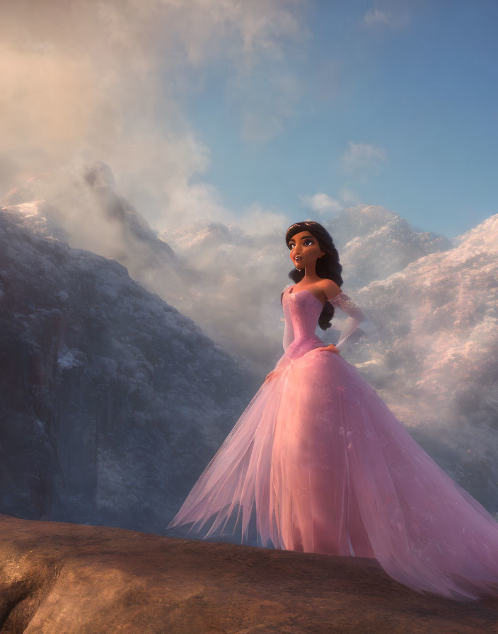 Animated princess in pink gown on rocky mountain backdrop