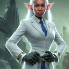 Elf character in white suit with futuristic backdrop