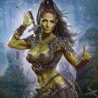 Fantasy warrior woman with crescent moon headpiece and spear in mystical forest