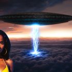 Woman posing in front of UFO backdrop at sunset