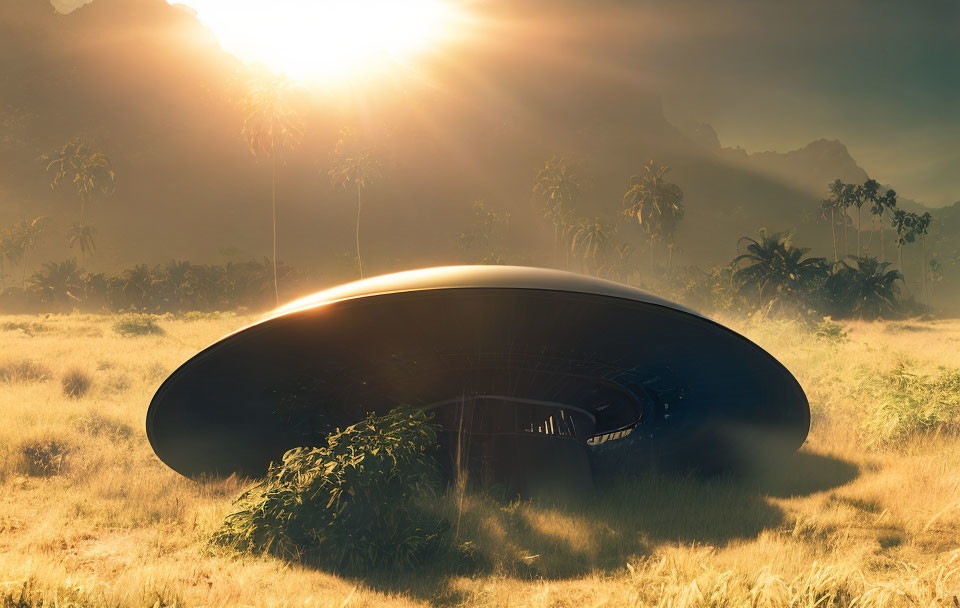 Futuristic black UFO-like structure in sunlit field with palm trees & mountains