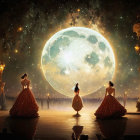 Ballerinas dancing under starry night sky with glowing moon and fairy lights