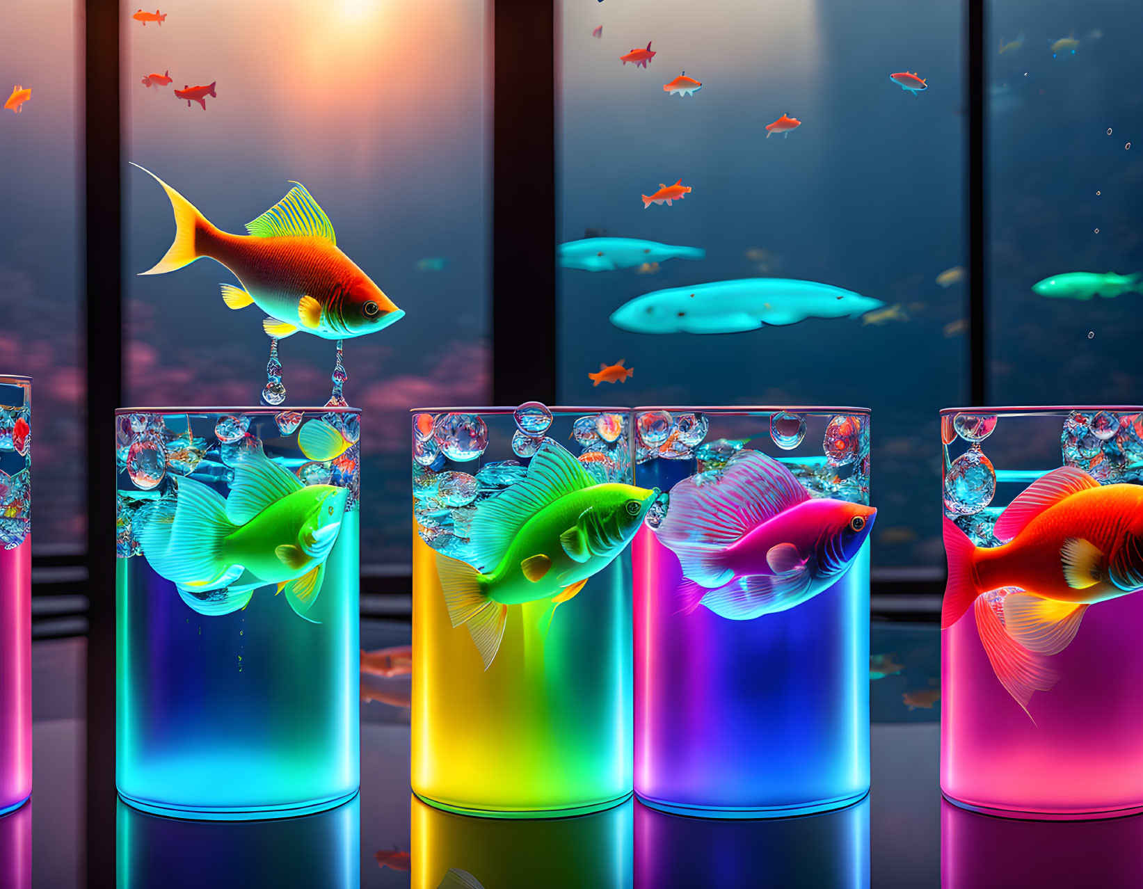 Vibrant fish swimming in glowing glasses in aquarium setting