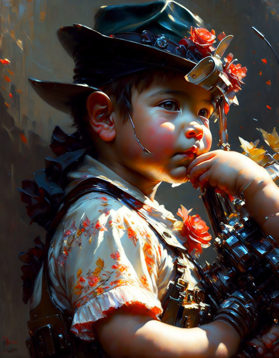 Child in steampunk attire with contemplative expression.