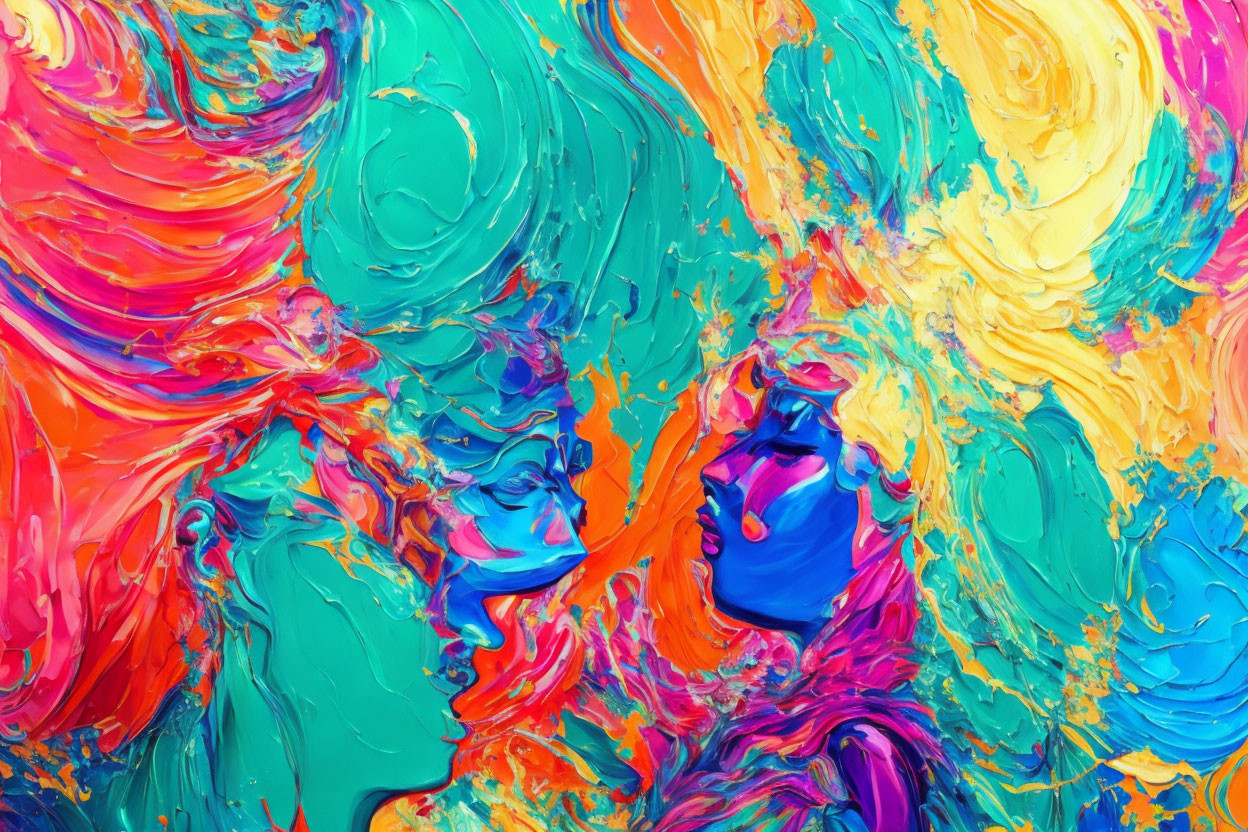 Colorful Abstract Painting with Blue, Yellow, and Red Swirls