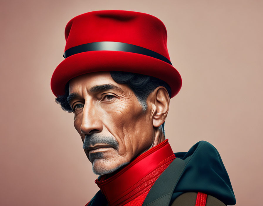 Portrait of a man with prominent cheekbones in red hat and green jacket