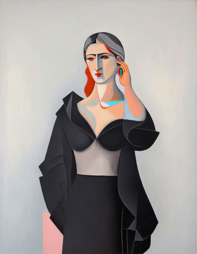 Stylized portrait of woman in black attire with red lips and blue earrings