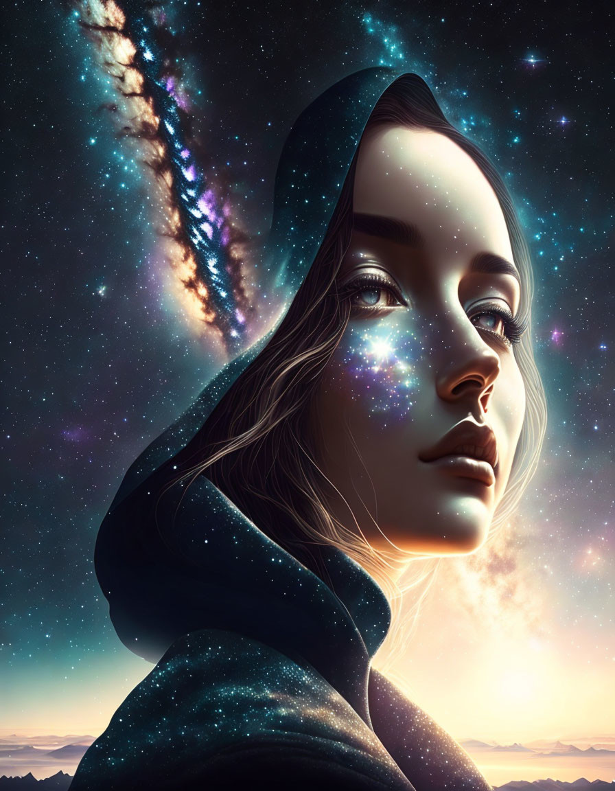 Woman with cosmic features surrounded by stars and galaxy backdrop.