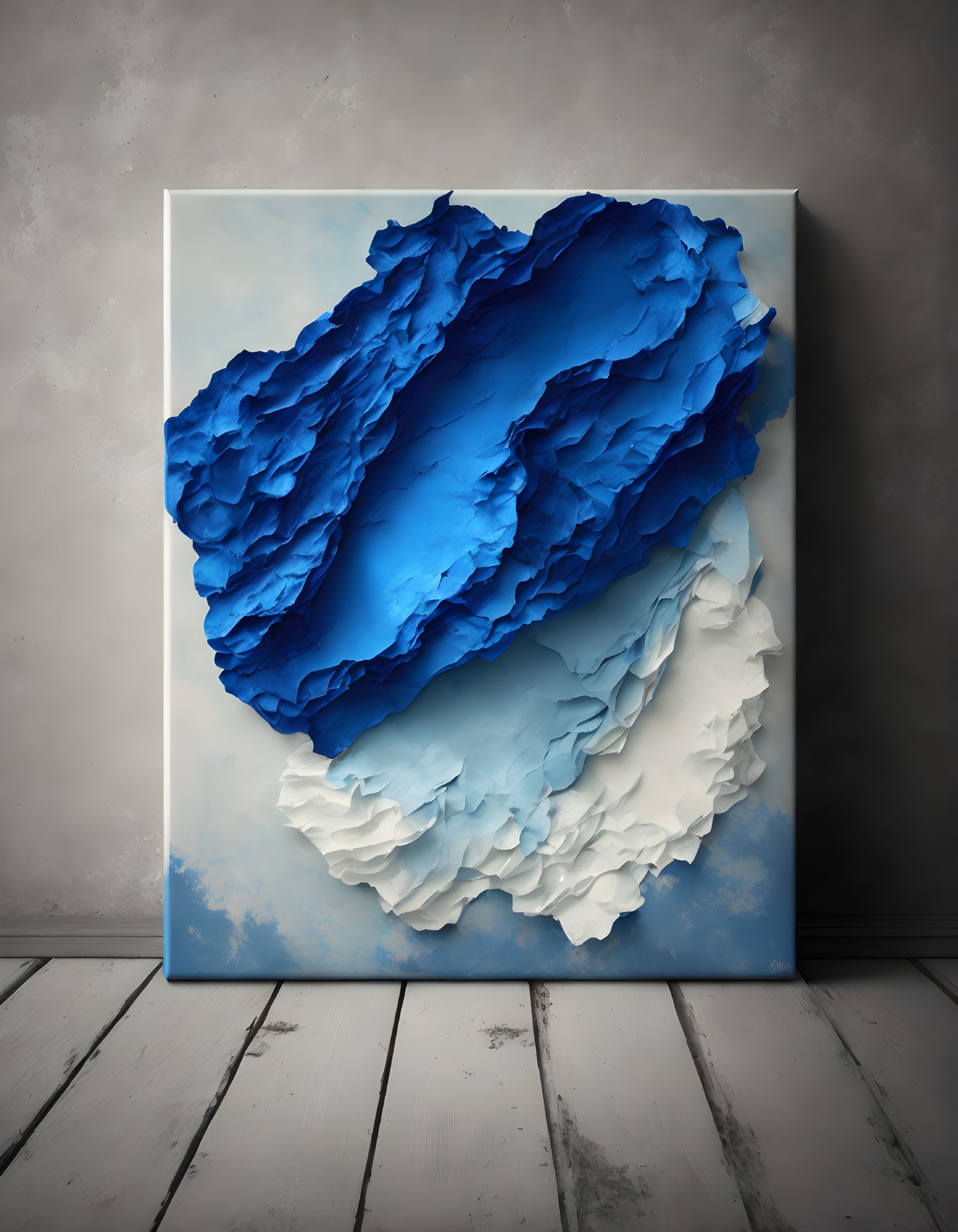 Abstract Blue and White Textured Canvas Art on Gray Wall