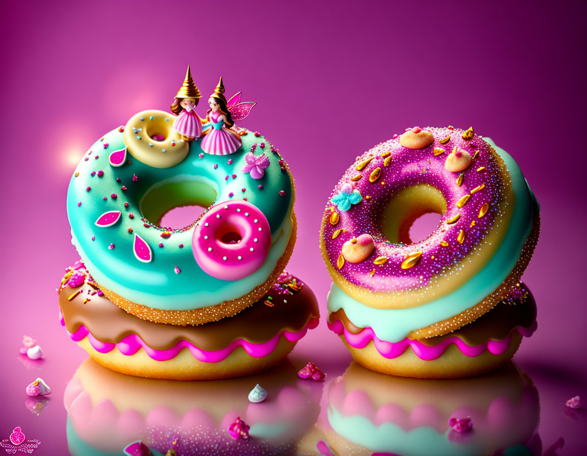 Pastel Iced Doughnuts with Sprinkles on Pink Gradient Background