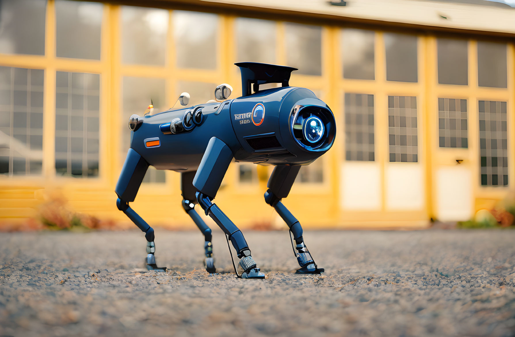 Blue and Black Quadrupedal Robot Outside Building with Yellow Windows