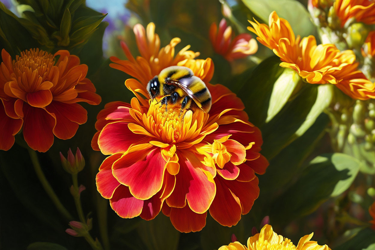 Bumblebee Collecting Nectar on Orange Marigold in Sunny Garden