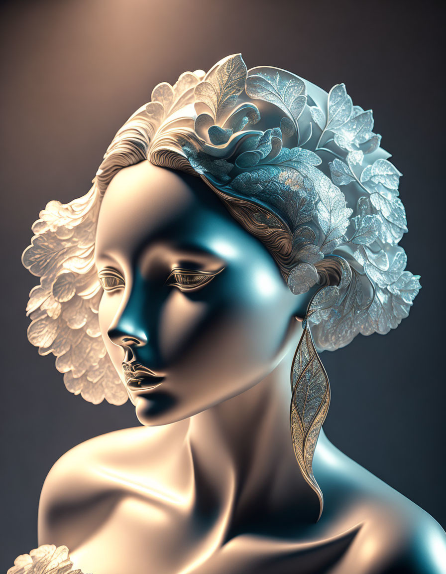 Intricate leaf-patterned metallic sculpture of woman's face illuminated by warm light