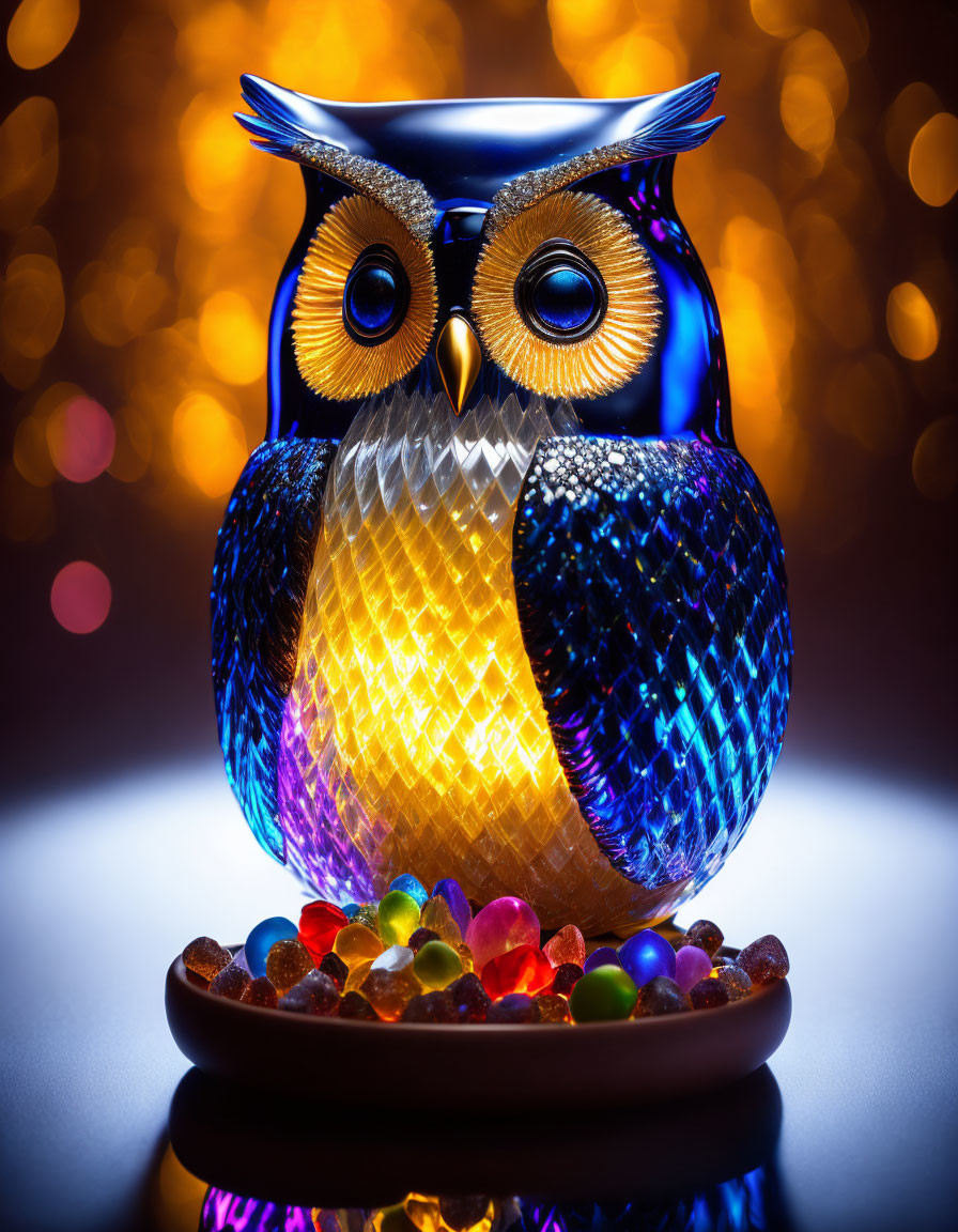 Colorful Glass Owl Figurine on Multicolored Beads Plate in Bokeh Light