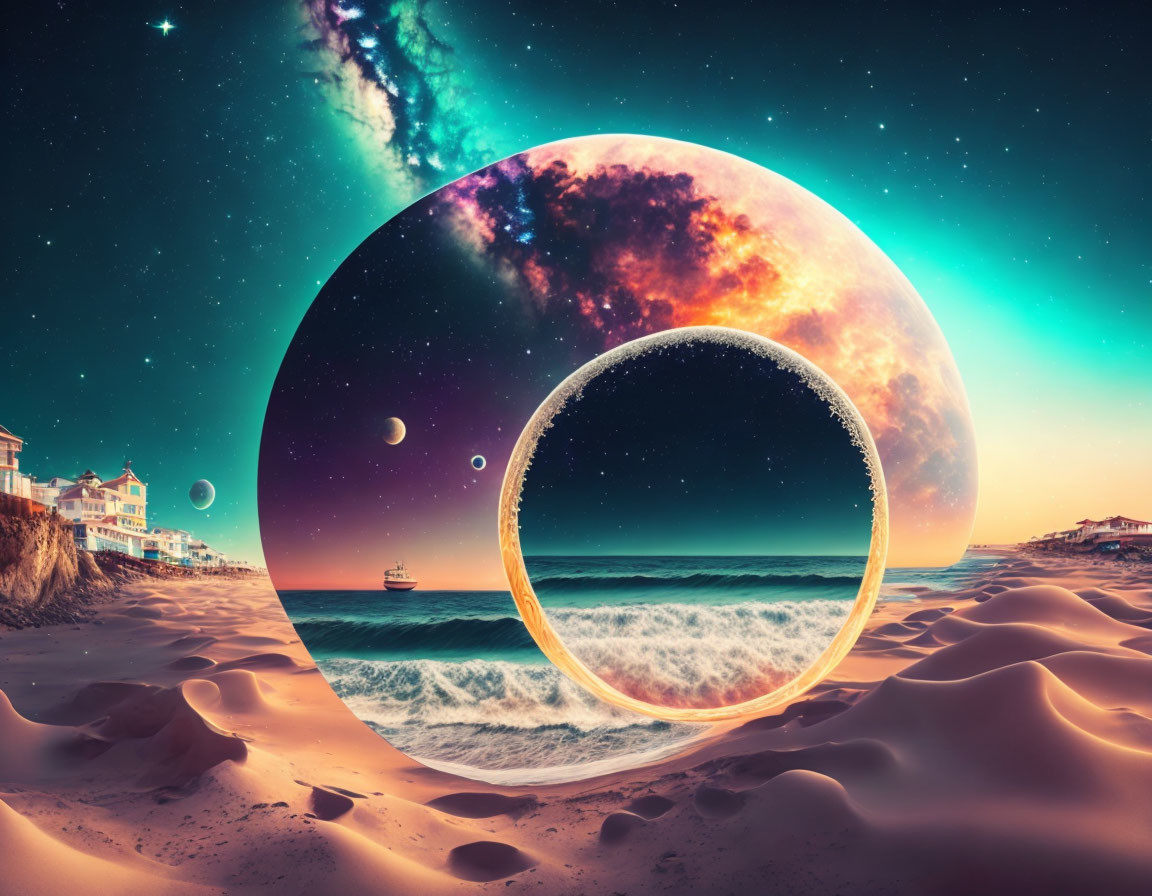 Surreal beach scene with cosmic portals and celestial bodies merging day and night