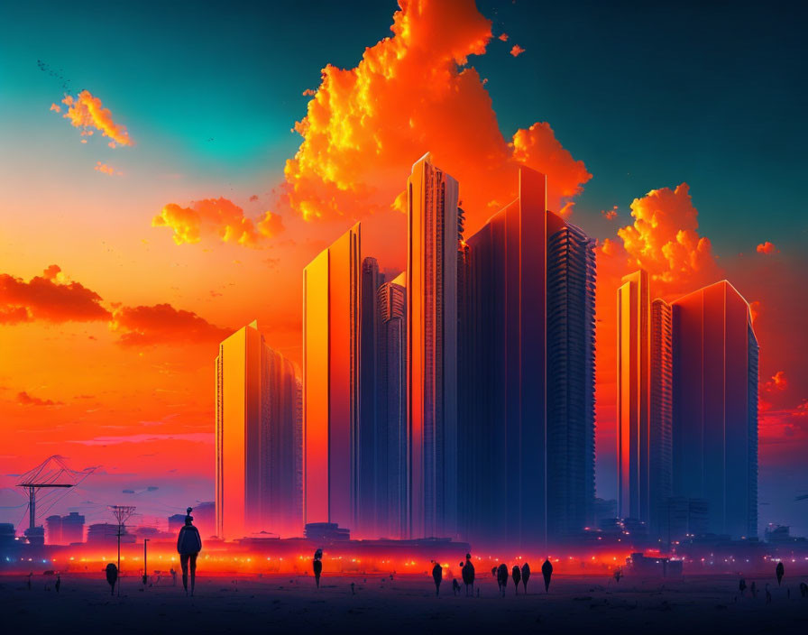Digital Artwork: Silhouetted Figures & Futuristic Skyscrapers in Vibrant Sunset