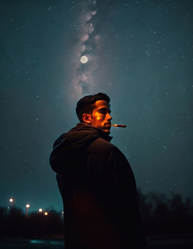 Man standing at night with cigarette, under moonlit sky