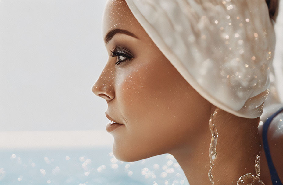 Woman with head wrap covered in water droplets near pool