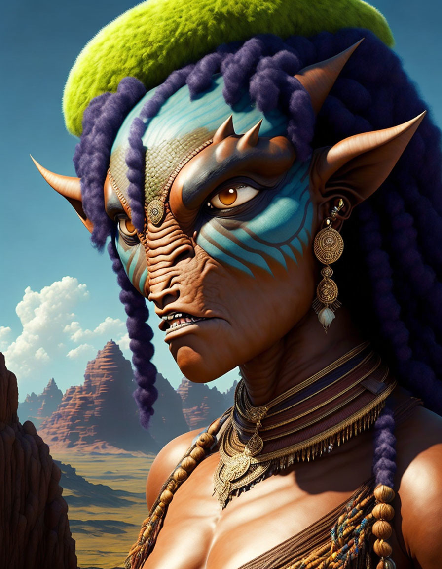 Fantasy character with blue facial markings, horns, and headdress in desert scene