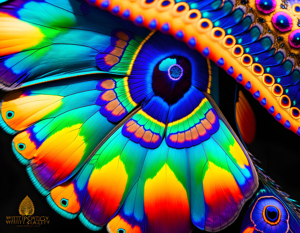 Colorful Butterfly Wings and Peacock Feathers Close-Up with Dark Background