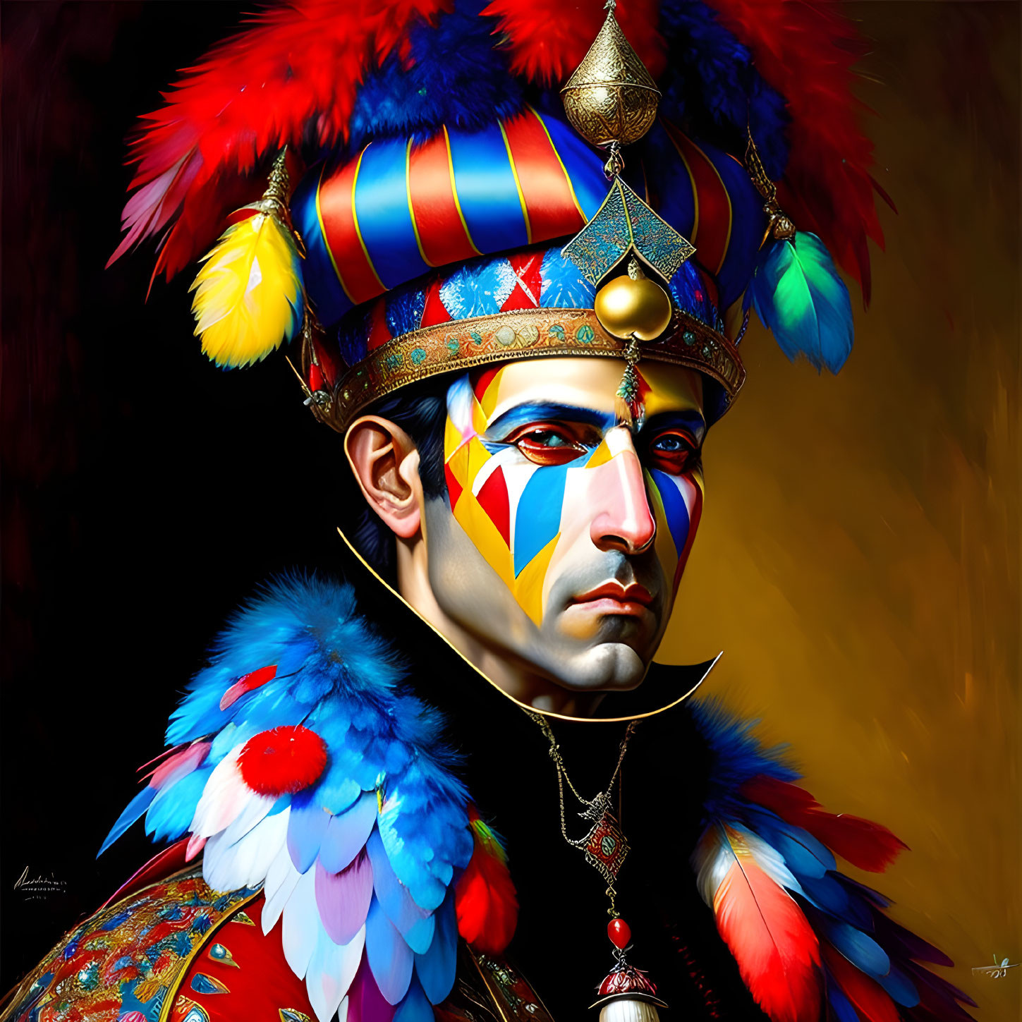 Colorful costume and theatrical face paint on a man.