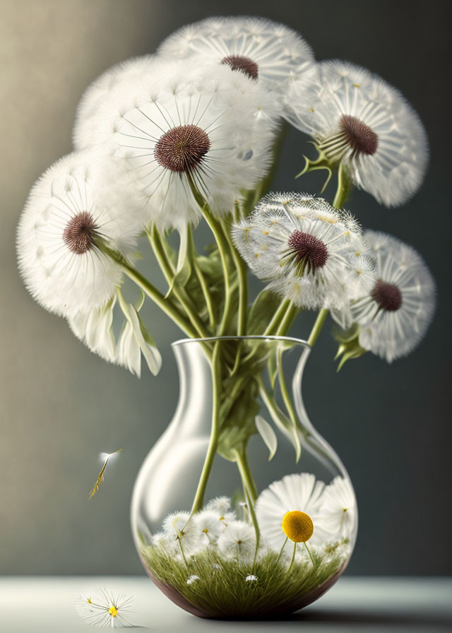 Close-up of delicate dandelions and drifting seeds with a single daisy