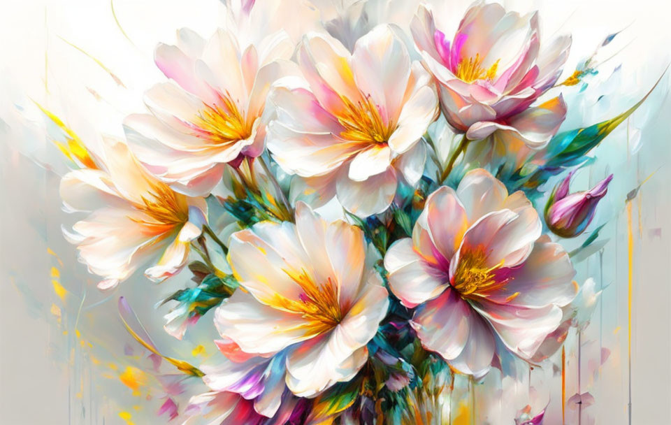 Luminous white and pink flowers on textured off-white background
