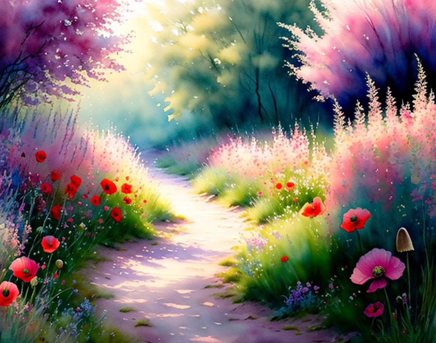 Colorful garden path painting with poppies and dreamy atmosphere