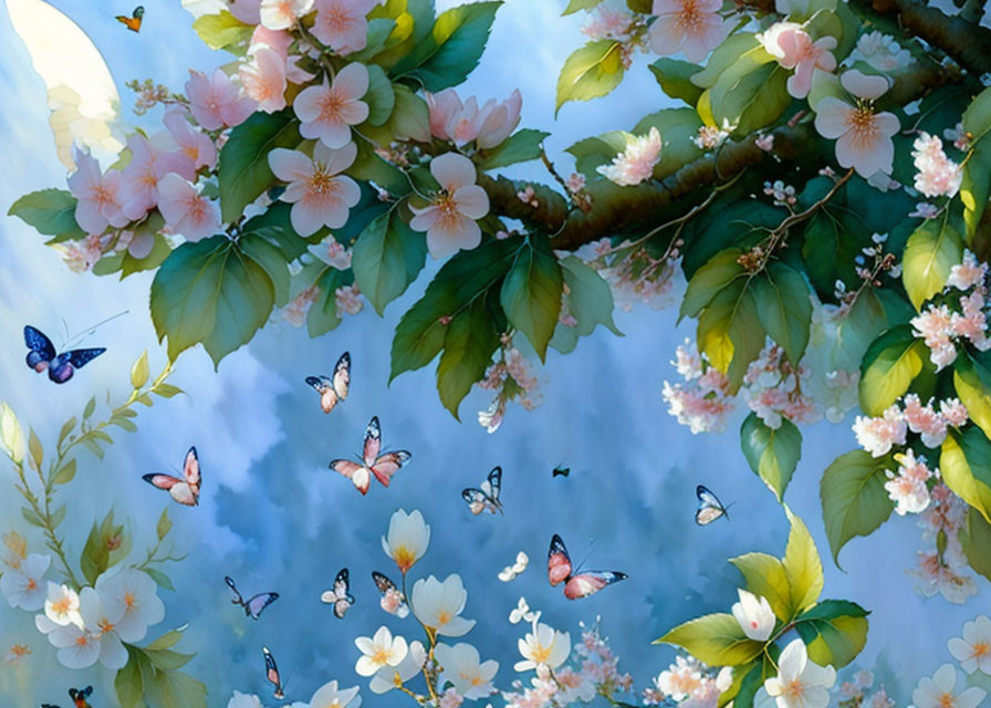 Pink flowers and butterflies on tree branches under a blue sky