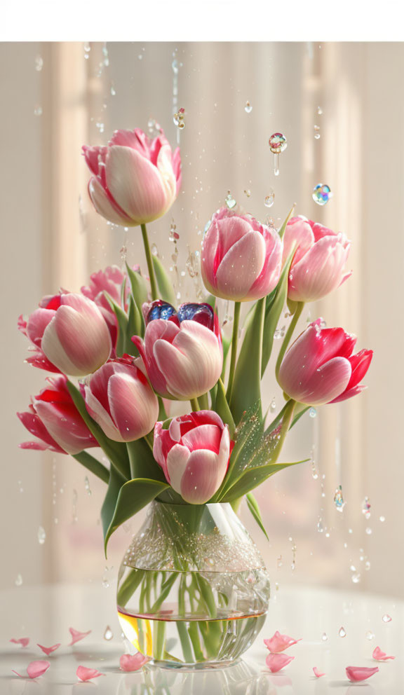Pink tulips bouquet with water droplets, fallen petals, and clear vase on sunlit table