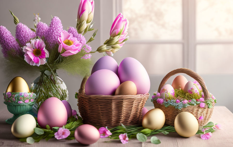 Pastel-colored Easter eggs in a woven basket with spring flowers on wooden table
