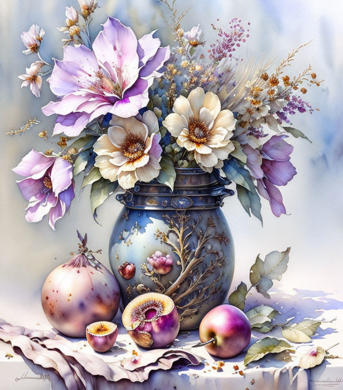 Detailed still life painting of mixed flowers and ripe fruit in pastel colors