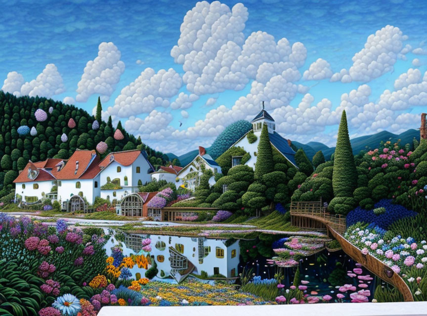 Colorful landscape of quaint village with river reflection & whimsical clouds