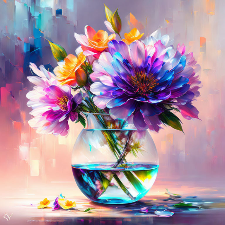 Vibrant bouquet of flowers in clear vase on abstract background