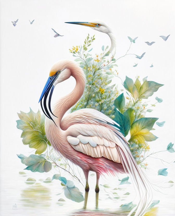 Pink flamingo and white egret in floral scene with birds and butterflies.