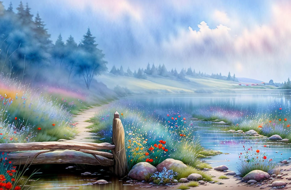 Serene landscape painting: lake, wildflowers, wooden path, misty hills, pastel sky