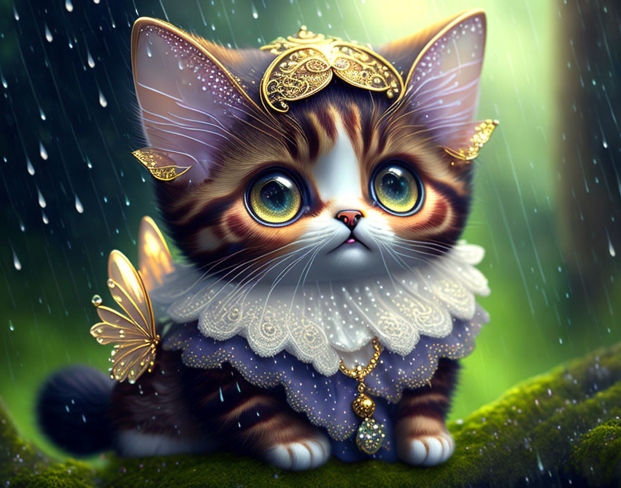 Whimsical digital artwork: Kitten with big blue eyes, gold jewelry, butterfly wings, lush