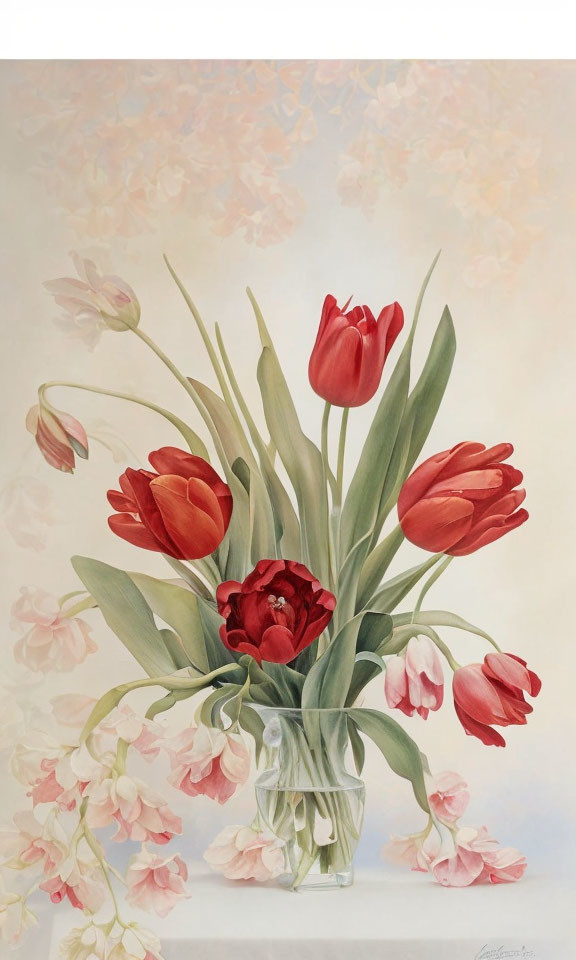Vibrant red tulips in a clear vase with pink flowers on a serene painting