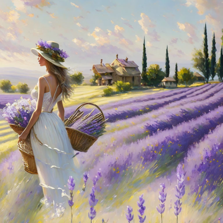 Woman in white dress walking through lavender field with basket and quaint houses in background