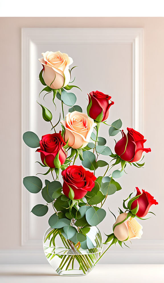 Red and Peach Roses in Clear Glass Vase on Cream Wall