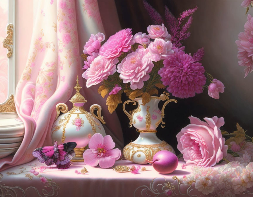 Elegant still life with pink flowers, butterfly, and ornate objects under soft light