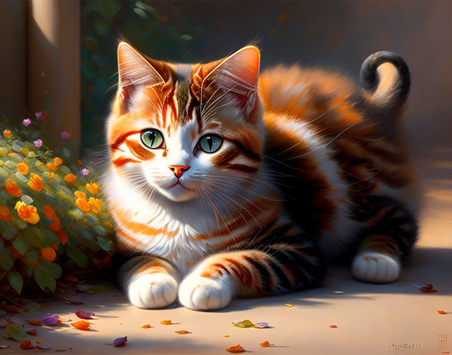 Orange and White-Striped Cat with Green Eyes Resting Near Blooming Flowers