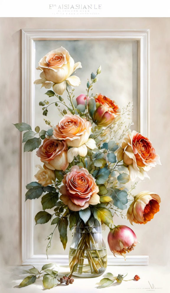 Bouquet of Orange and Peach Roses on Pale Background