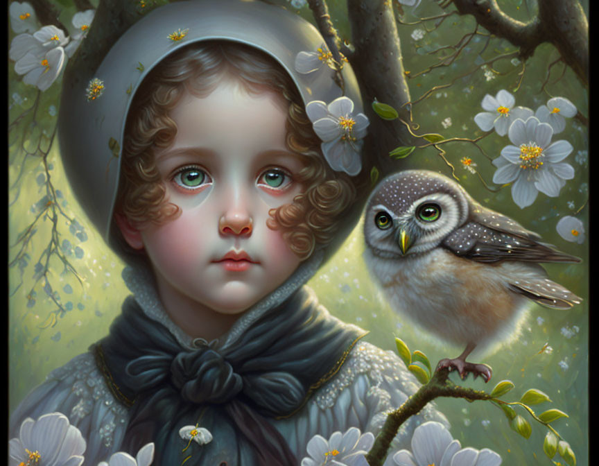 Detailed painting of young girl in vintage dress with owl on blooming branch.