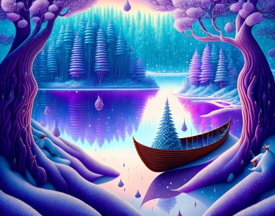 Purple-hued landscape with glowing trees, tranquil lake, starry sky, and whimsical vegetation.