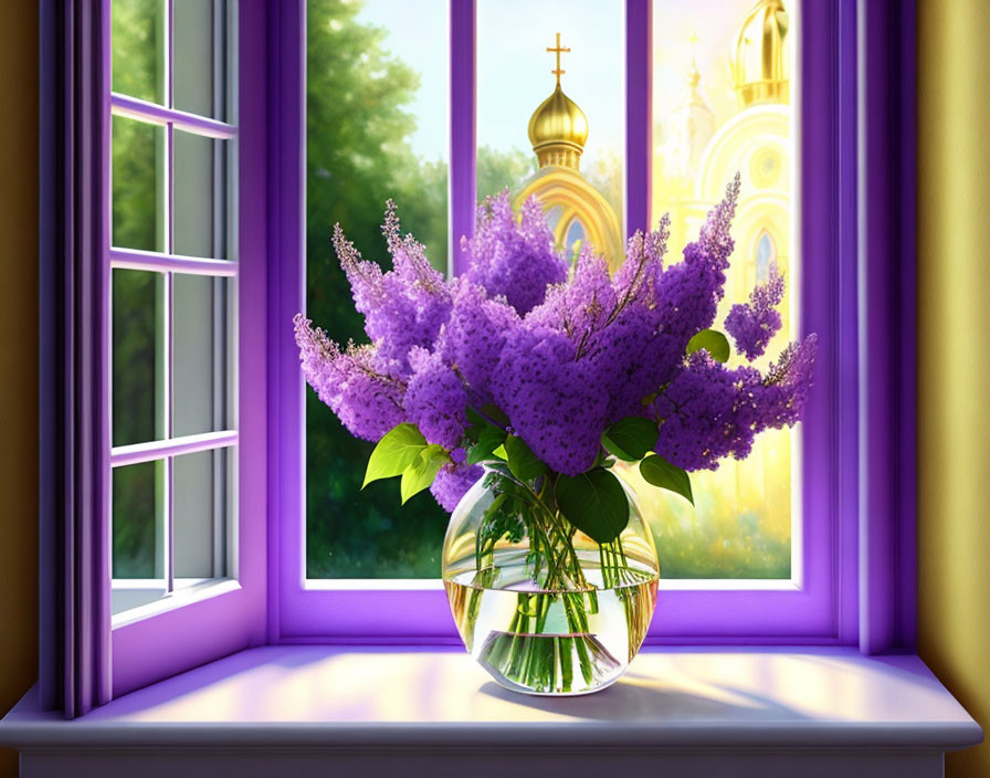 Purple lilacs in clear vase on windowsill with view of golden-domed church