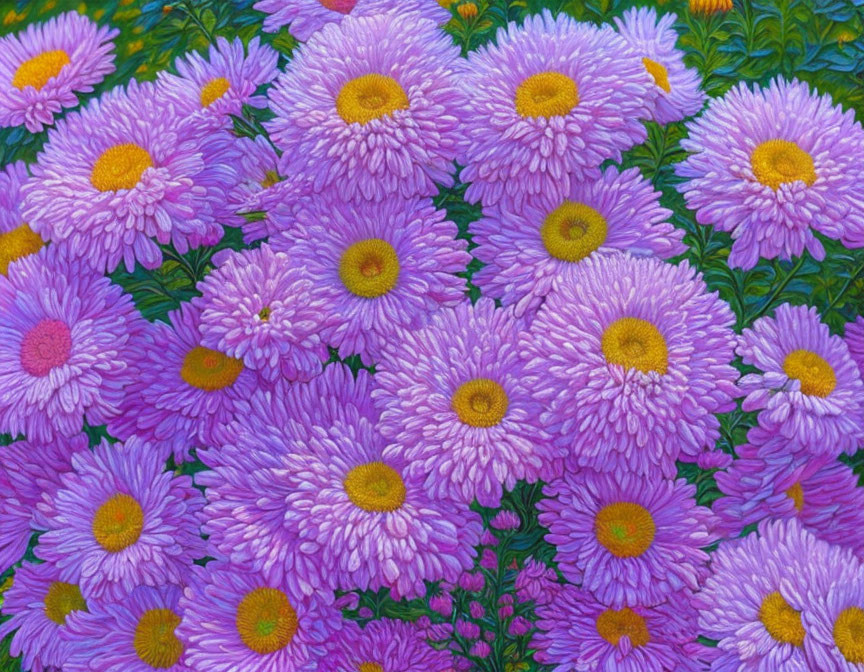 Purple Daisy-Like Flowers with Yellow Centers on Green Foliage